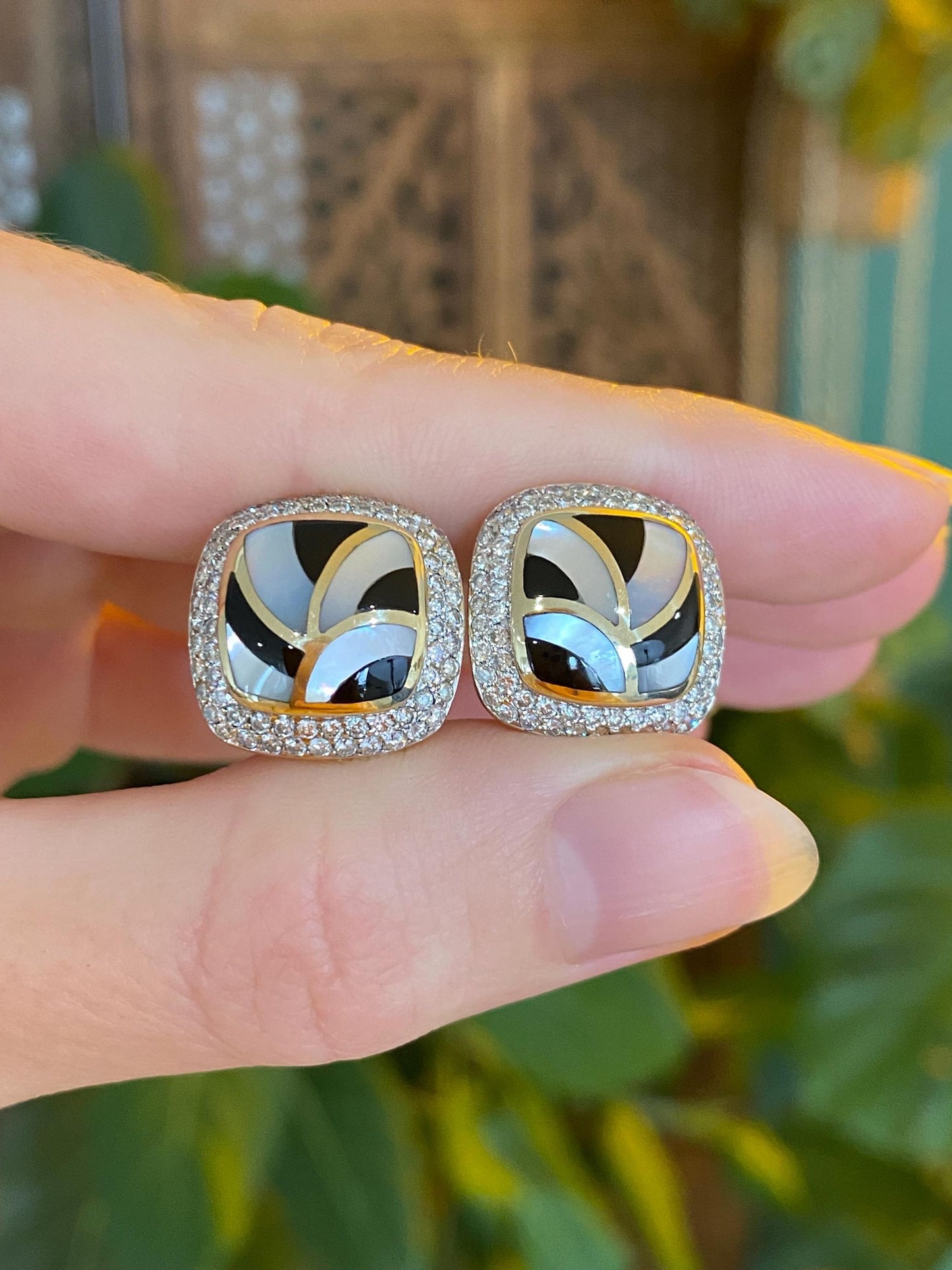 Vintage Solid 14k Yellow Gold Diamond Halo Black Onyx Mother of Pearl Inlay Stud Earrings