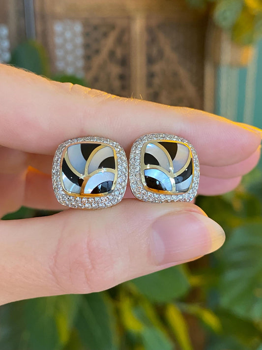Vintage Solid 14k Yellow Gold Diamond Halo Black Onyx Mother of Pearl Inlay Stud Earrings