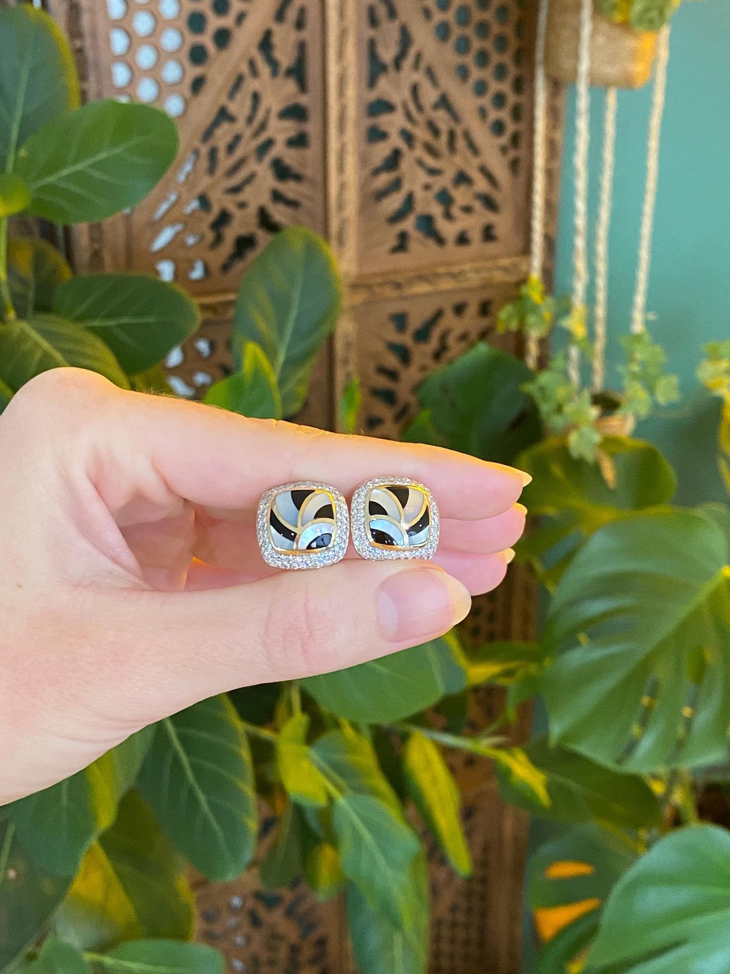 Vintage Solid 14k Yellow Gold Diamond Halo Black Onyx Mother of Pearl Inlay Stud Earrings