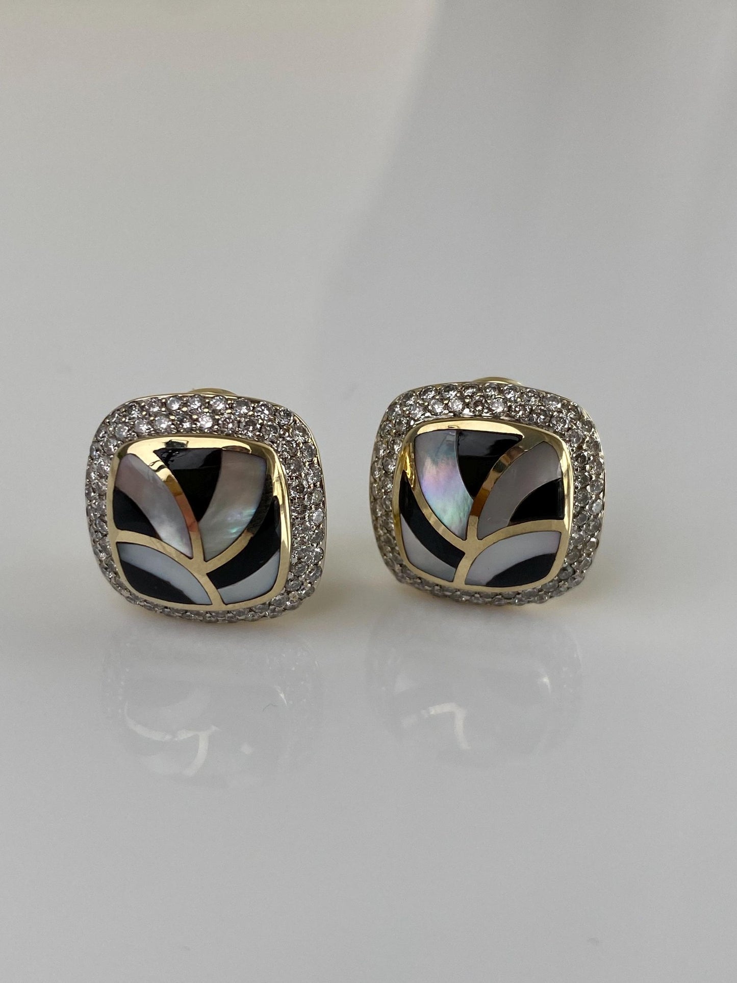 Vintage Solid 14k Yellow Gold Diamond Halo Black Onyx Mother of Pearl Inlay Stud Earrings