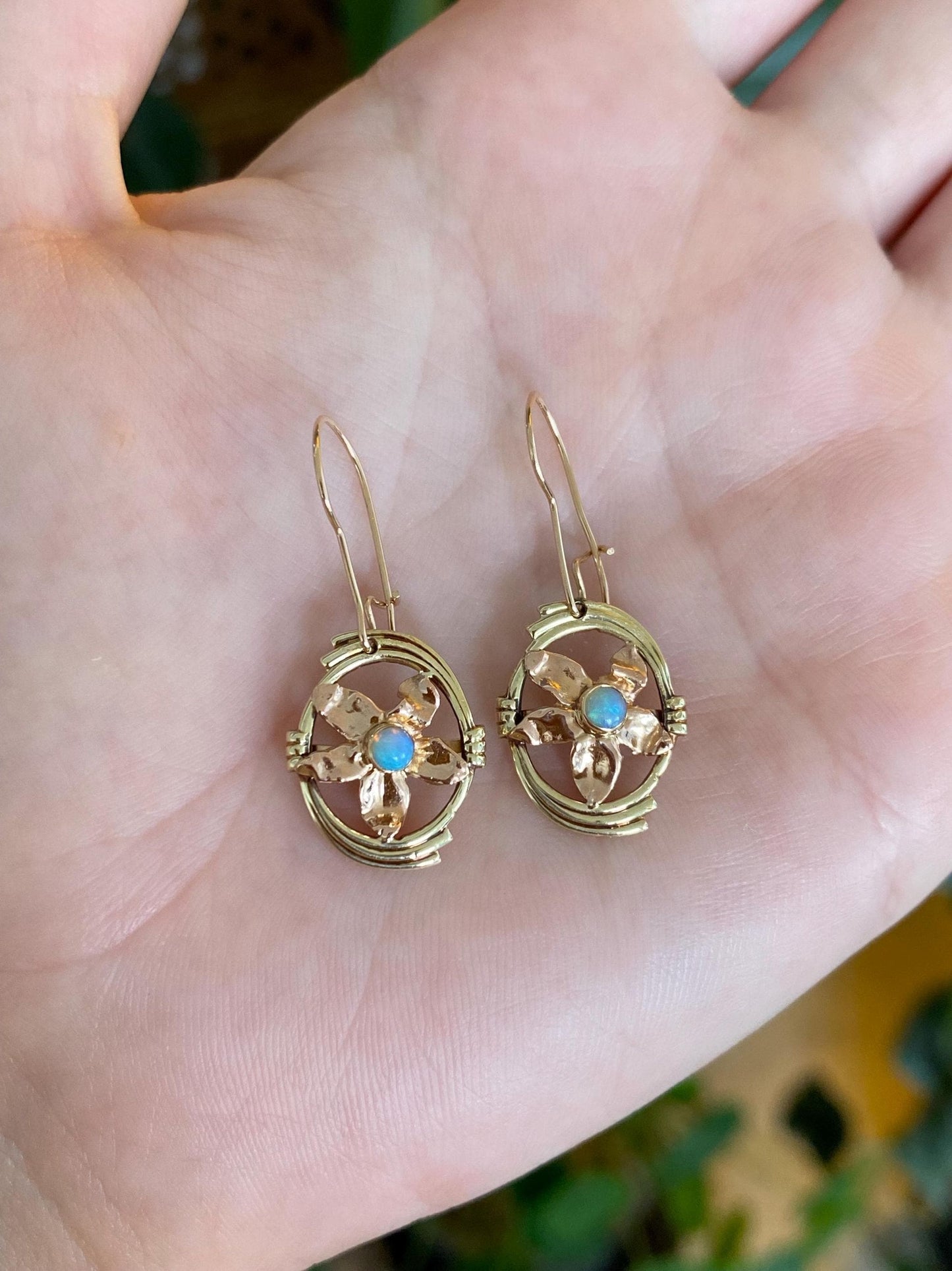 Vintage Solid 14k Rose & Yellow Gold Opal Flower Dangle Earrings