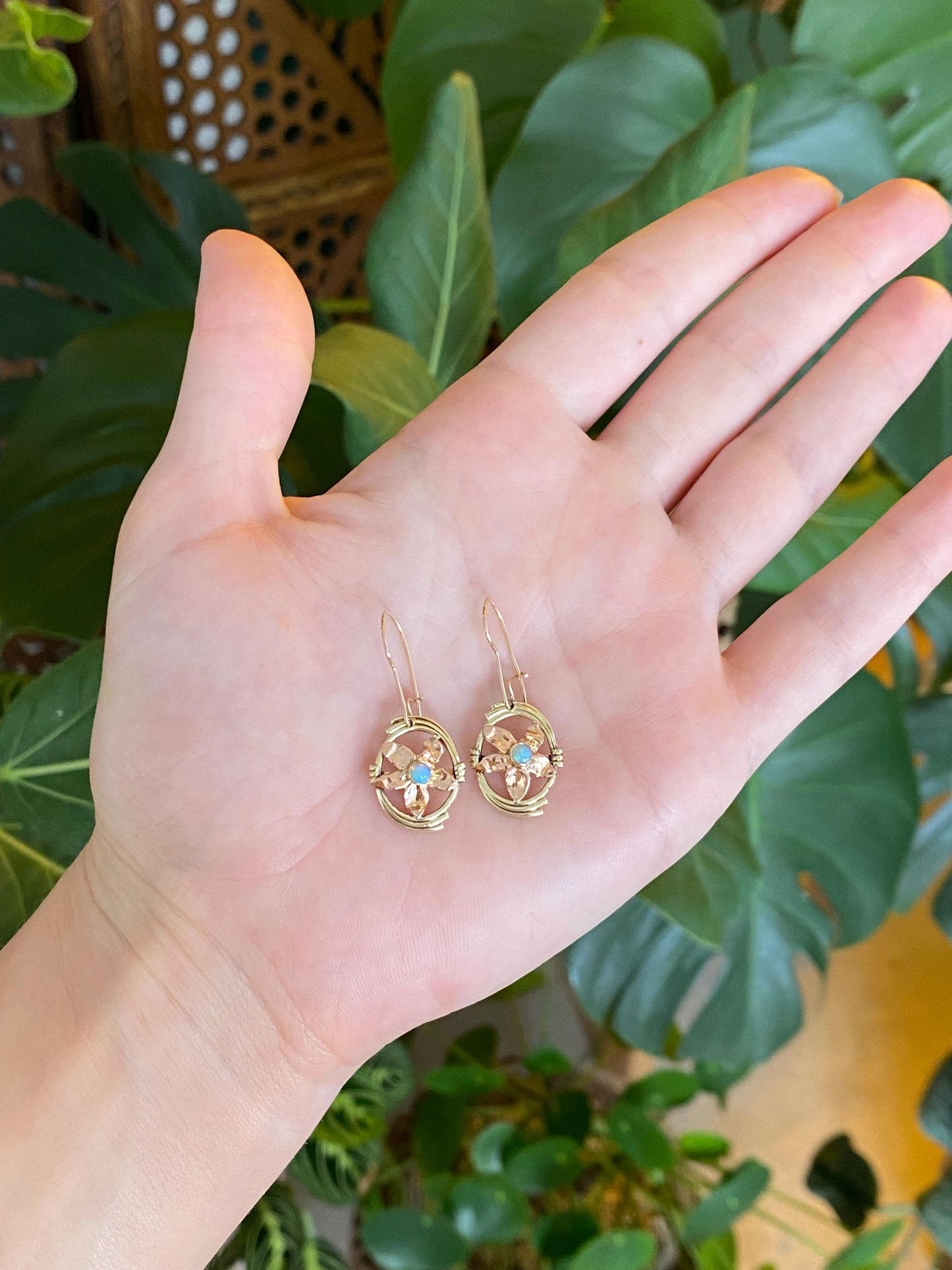 Vintage Solid 14k Rose & Yellow Gold Opal Flower Dangle Earrings