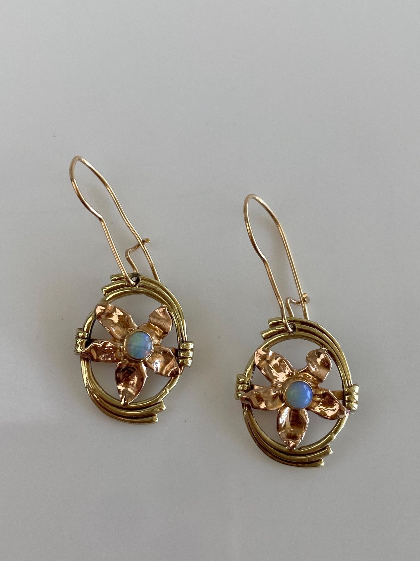 Vintage Solid 14k Rose & Yellow Gold Opal Flower Dangle Earrings
