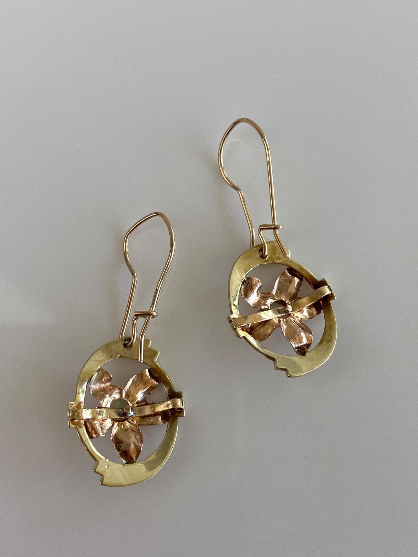 Vintage Solid 14k Rose & Yellow Gold Opal Flower Dangle Earrings