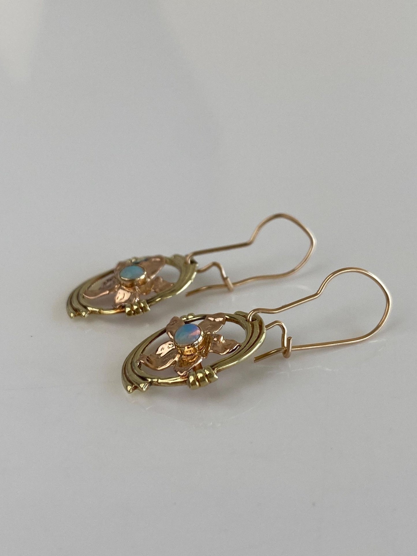 Vintage Solid 14k Rose & Yellow Gold Opal Flower Dangle Earrings