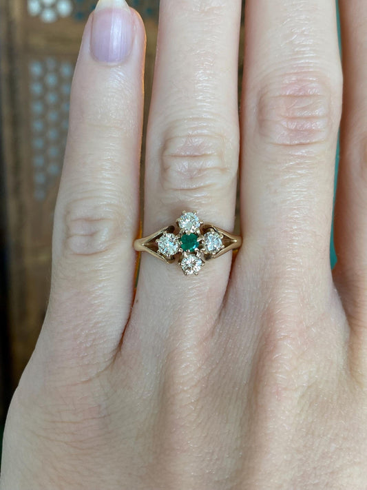 Vintage Solid 14k Yellow Gold Diamond Emerald Ring - Size 5.5