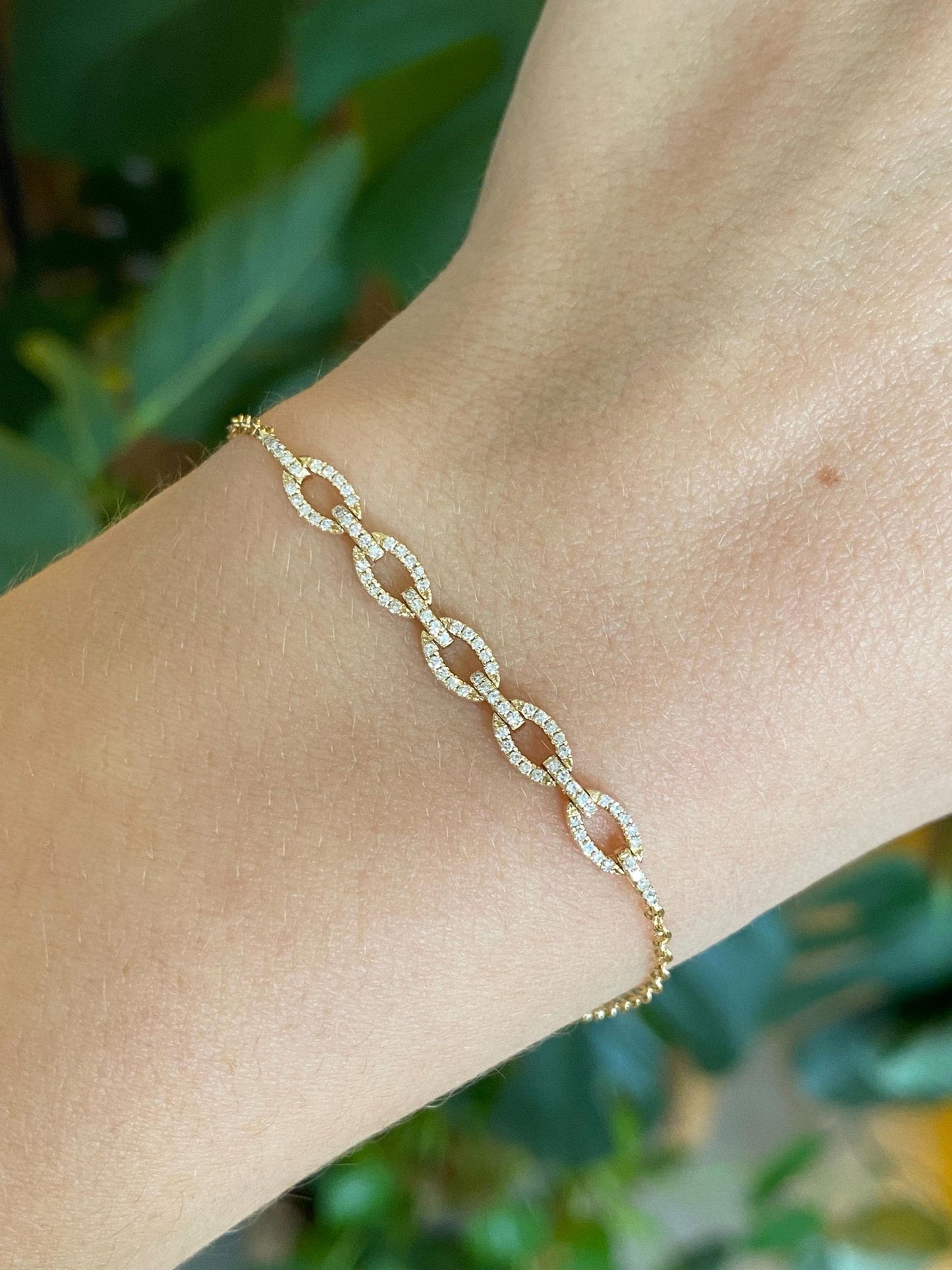 Vintage Solid 14k Yellow Gold Diamonds Link Rolo Chain Bracelet - 7 inches