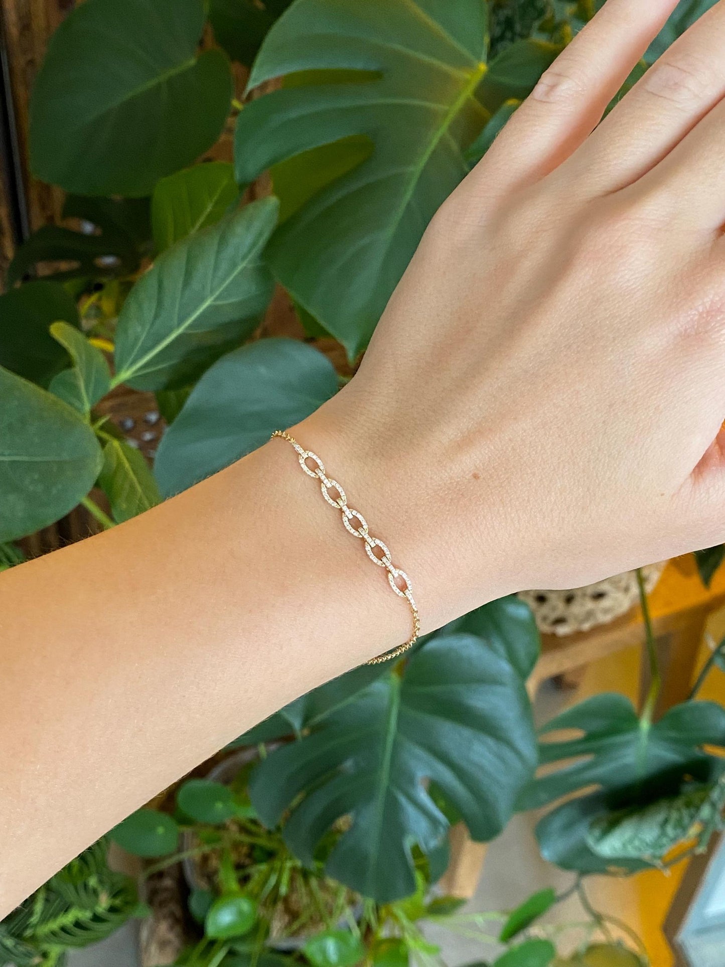 Vintage Solid 14k Yellow Gold Diamonds Link Rolo Chain Bracelet - 7 inches