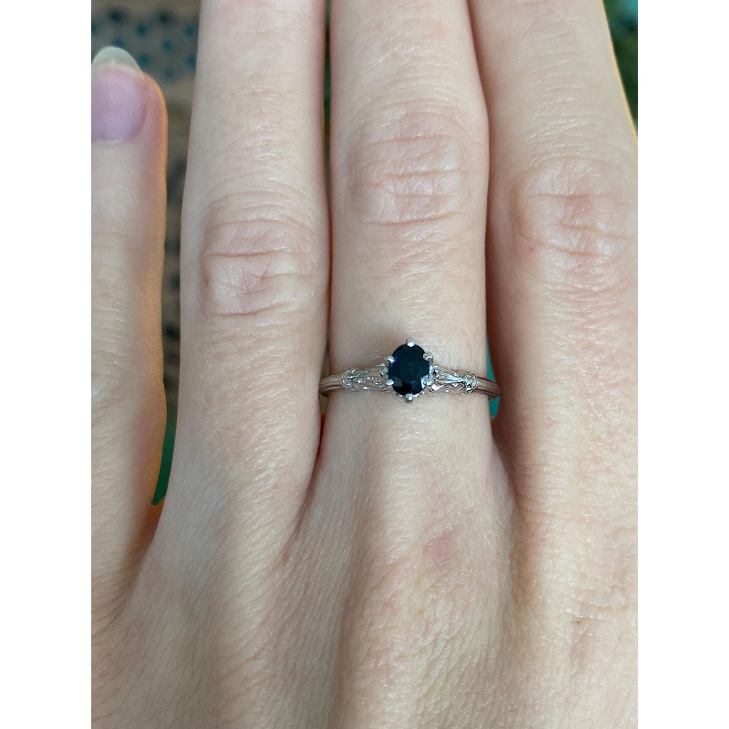 Vintage Solid 18k White Gold Blue Sapphire Art Deco Ring - Size 6.75