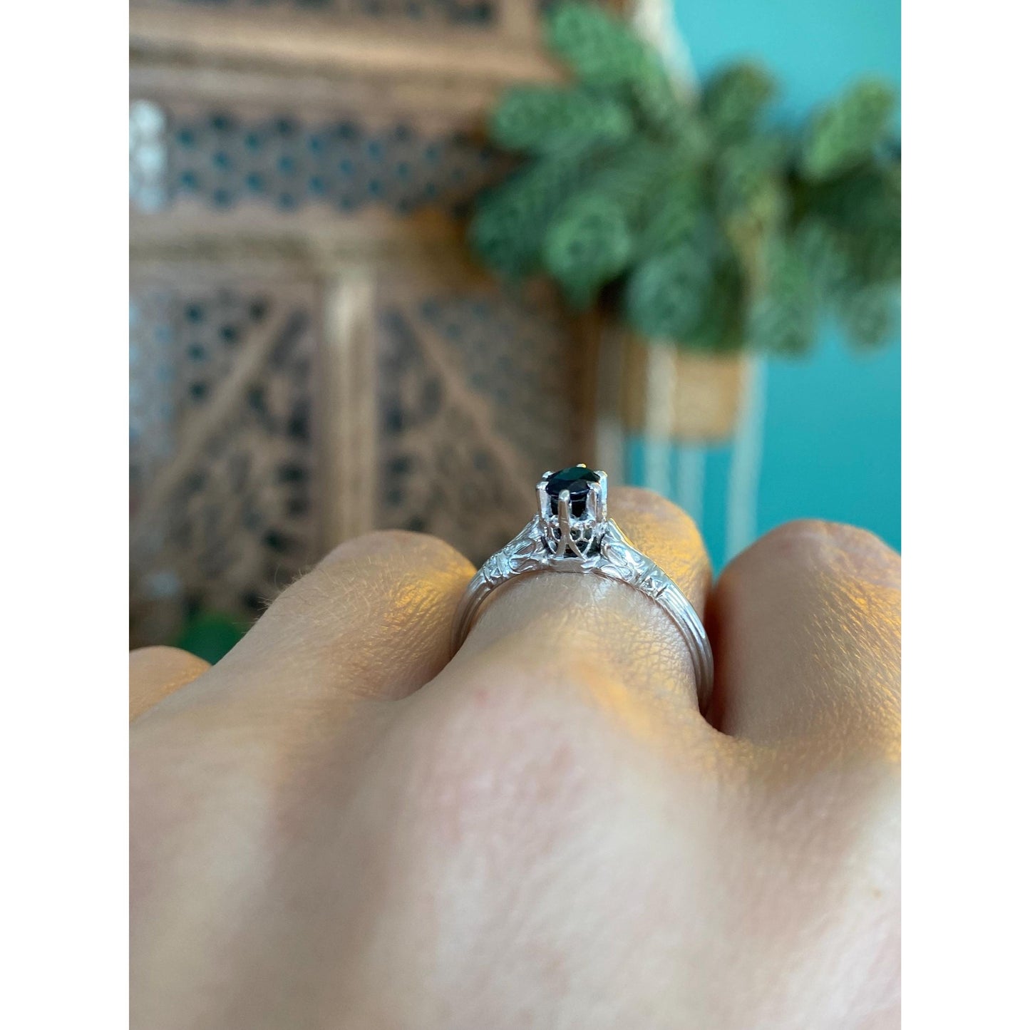 Vintage Solid 18k White Gold Blue Sapphire Art Deco Ring - Size 6.75