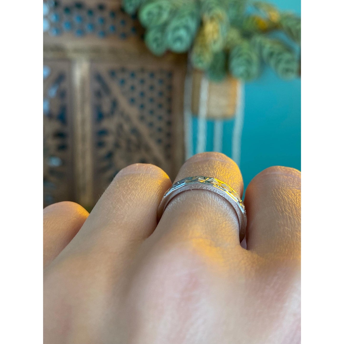 Vintage Solid Platinum Diamond Cut Star Ring Band - Size 7