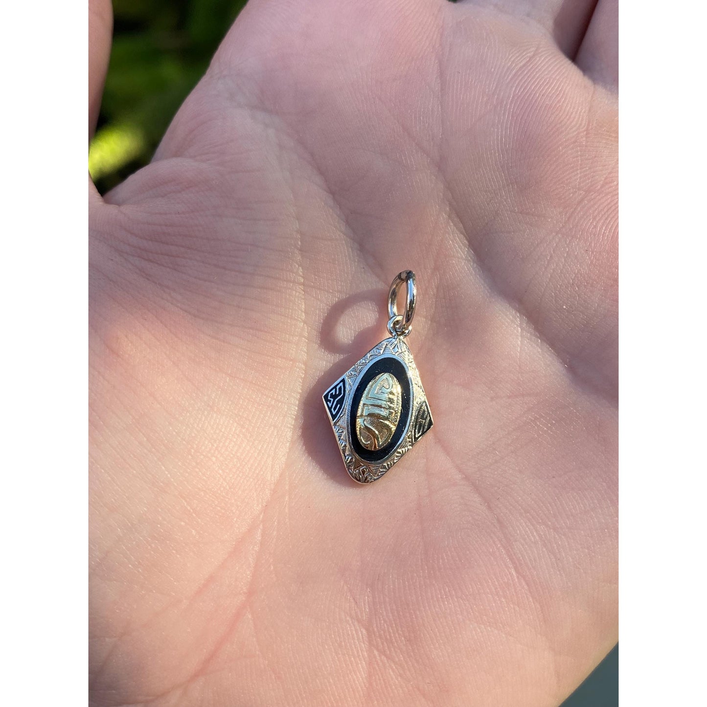 Vintage Solid 10k White & Yellow Gold Black Enamel 1925 Charm