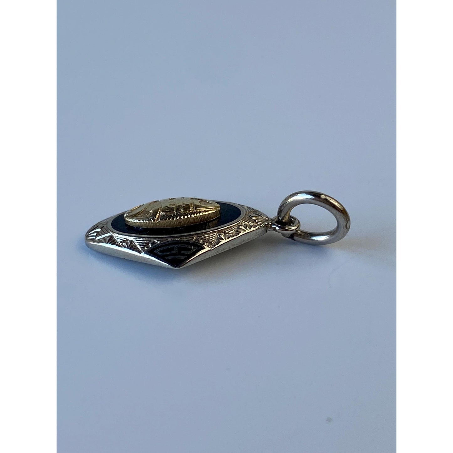 Vintage Solid 10k White & Yellow Gold Black Enamel 1925 Charm