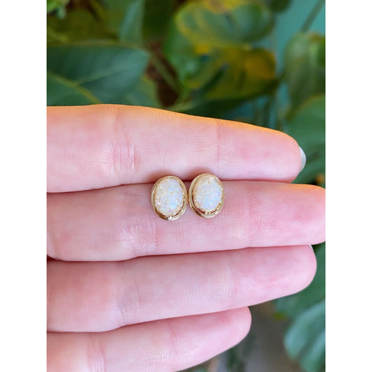 Vintage Solid 14k Yellow Gold Compressed Opal Resin Stud Earrings