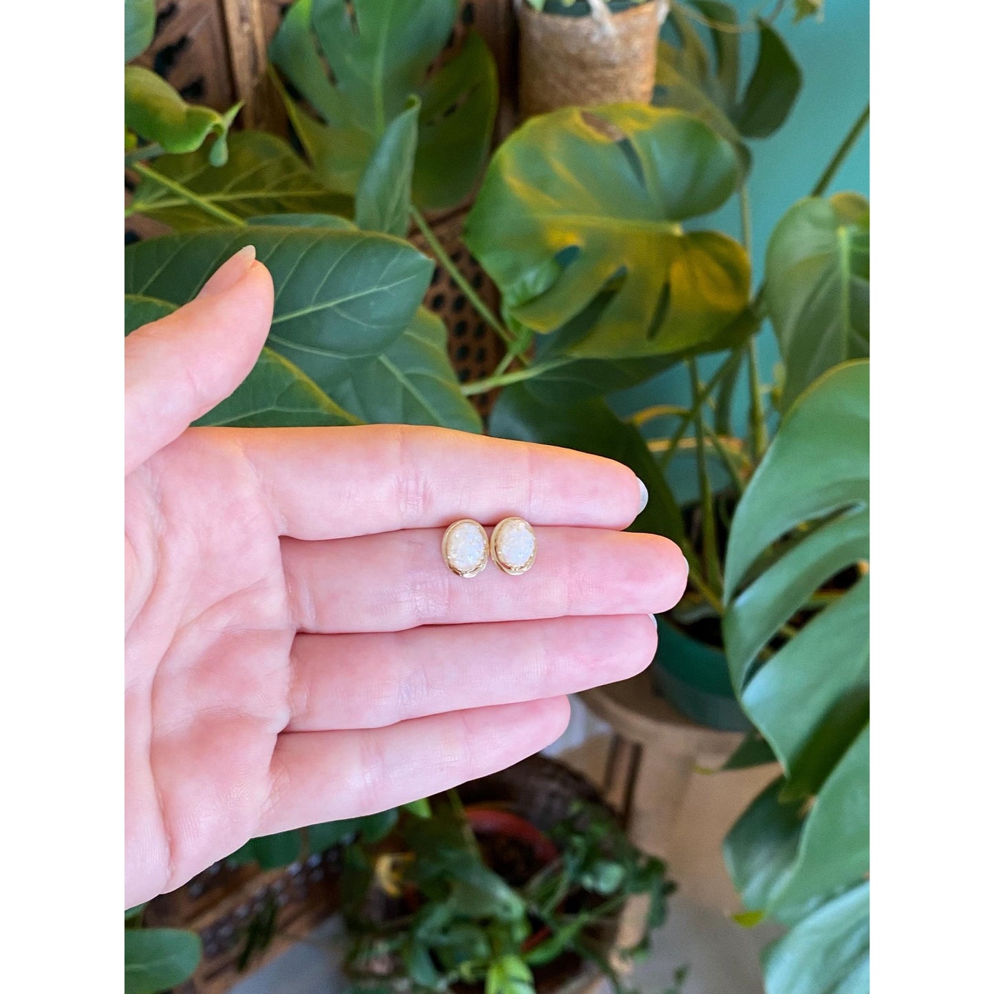 Vintage Solid 14k Yellow Gold Compressed Opal Resin Stud Earrings