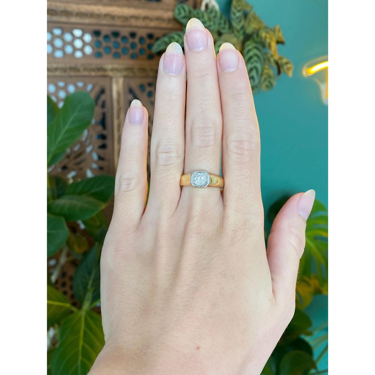 Vintage Solid 18k White & Yellow Gold 0.5 Carat Diamond Signet Ring - Size 7.25