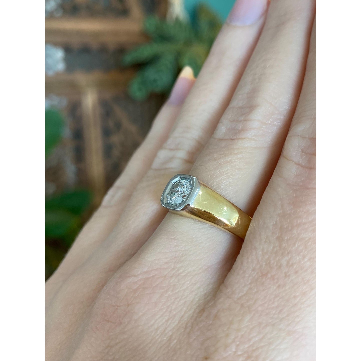 Vintage Solid 18k White & Yellow Gold 0.5 Carat Diamond Signet Ring - Size 7.25