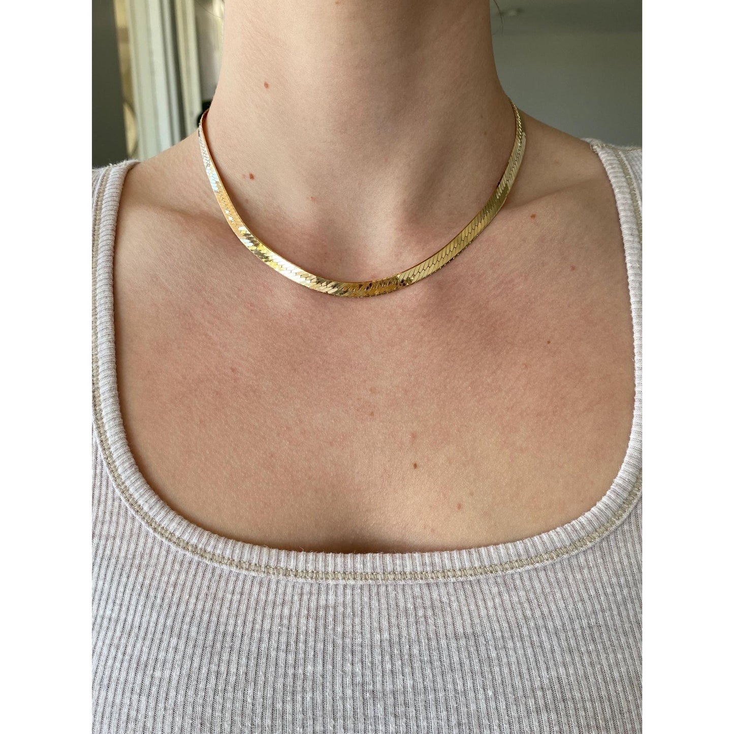 Vintage Solid 14k Yellow Gold Herringbone Chain Necklace - 16.25 inches