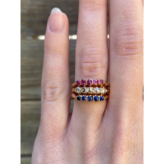 Vintage Solid 18k Yellow Gold Diamond Pink & Blue Spinel Row Ring - Size 5.5