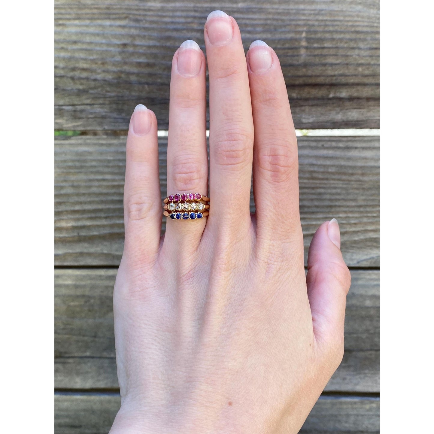 Vintage Solid 18k Yellow Gold Diamond Pink & Blue Spinel Row Ring - Size 5.5