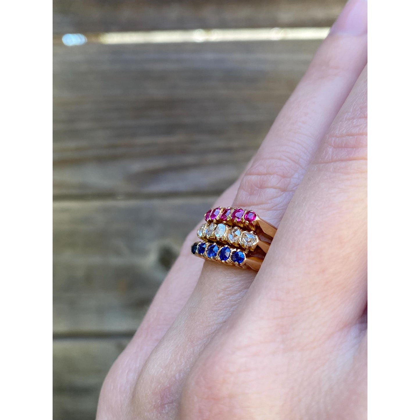 Vintage Solid 18k Yellow Gold Diamond Pink & Blue Spinel Row Ring - Size 5.5