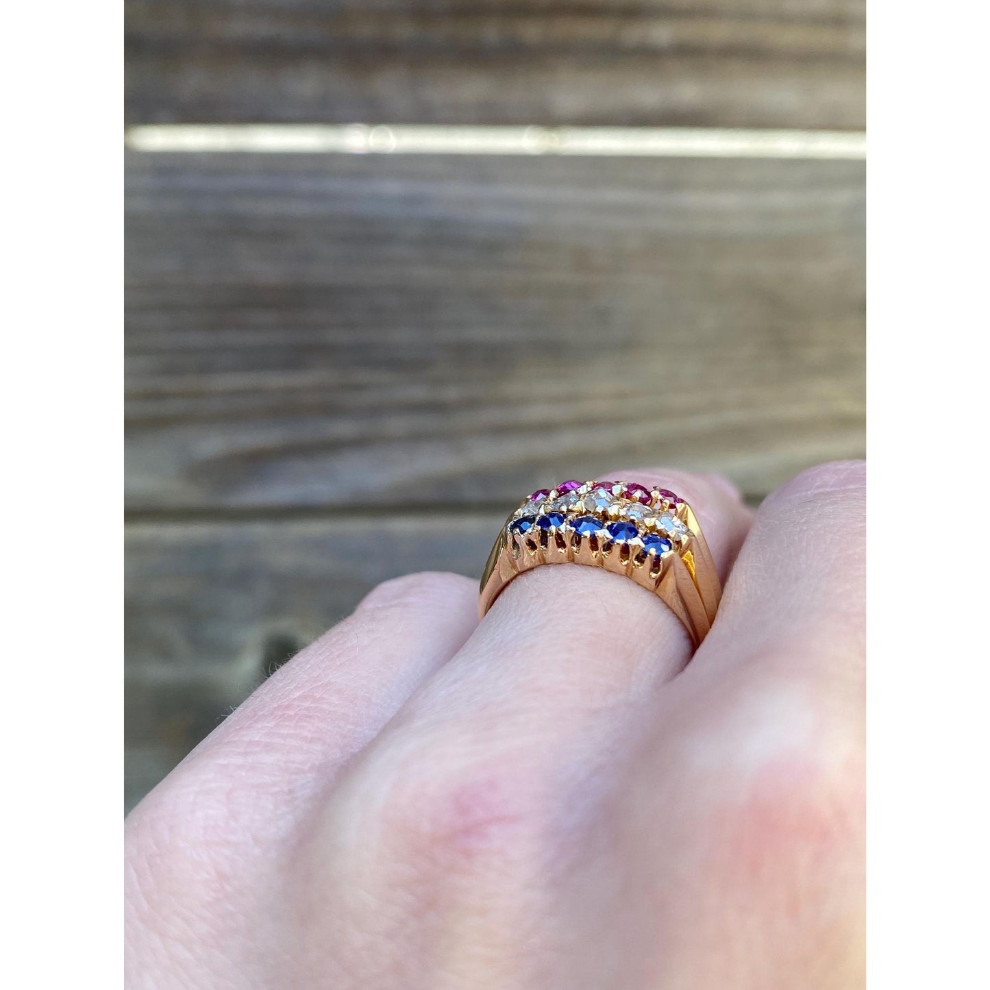 Vintage Solid 18k Yellow Gold Diamond Pink & Blue Spinel Row Ring - Size 5.5