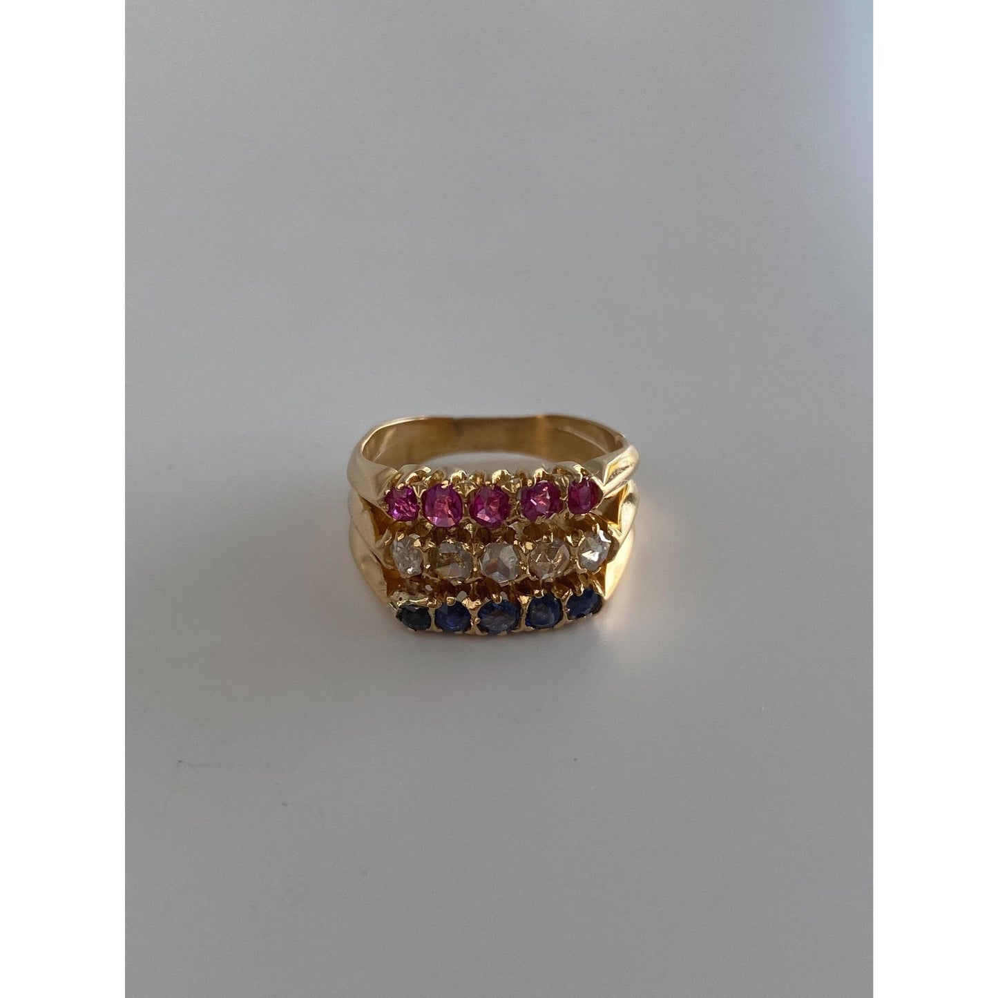 Vintage Solid 18k Yellow Gold Diamond Pink & Blue Spinel Row Ring - Size 5.5