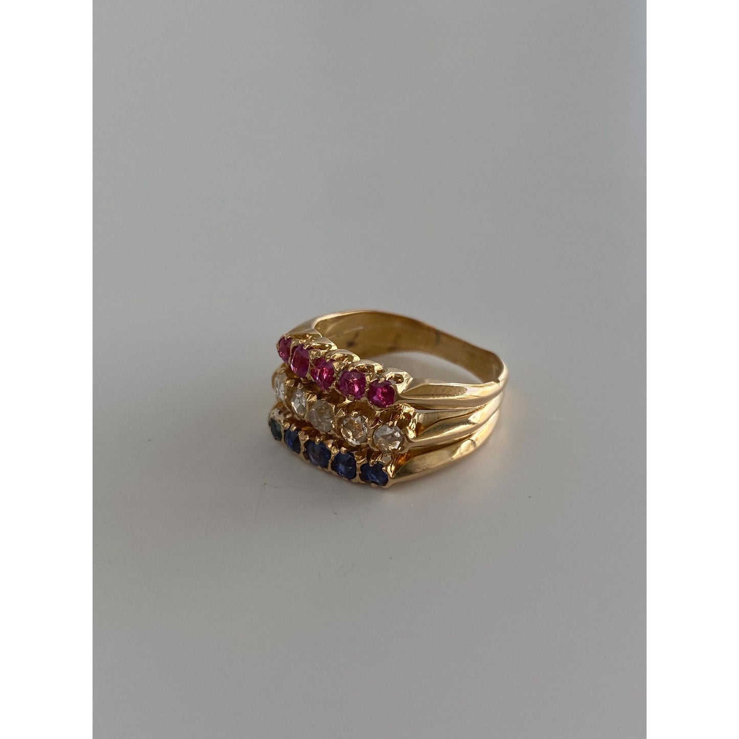 Vintage Solid 18k Yellow Gold Diamond Pink & Blue Spinel Row Ring - Size 5.5