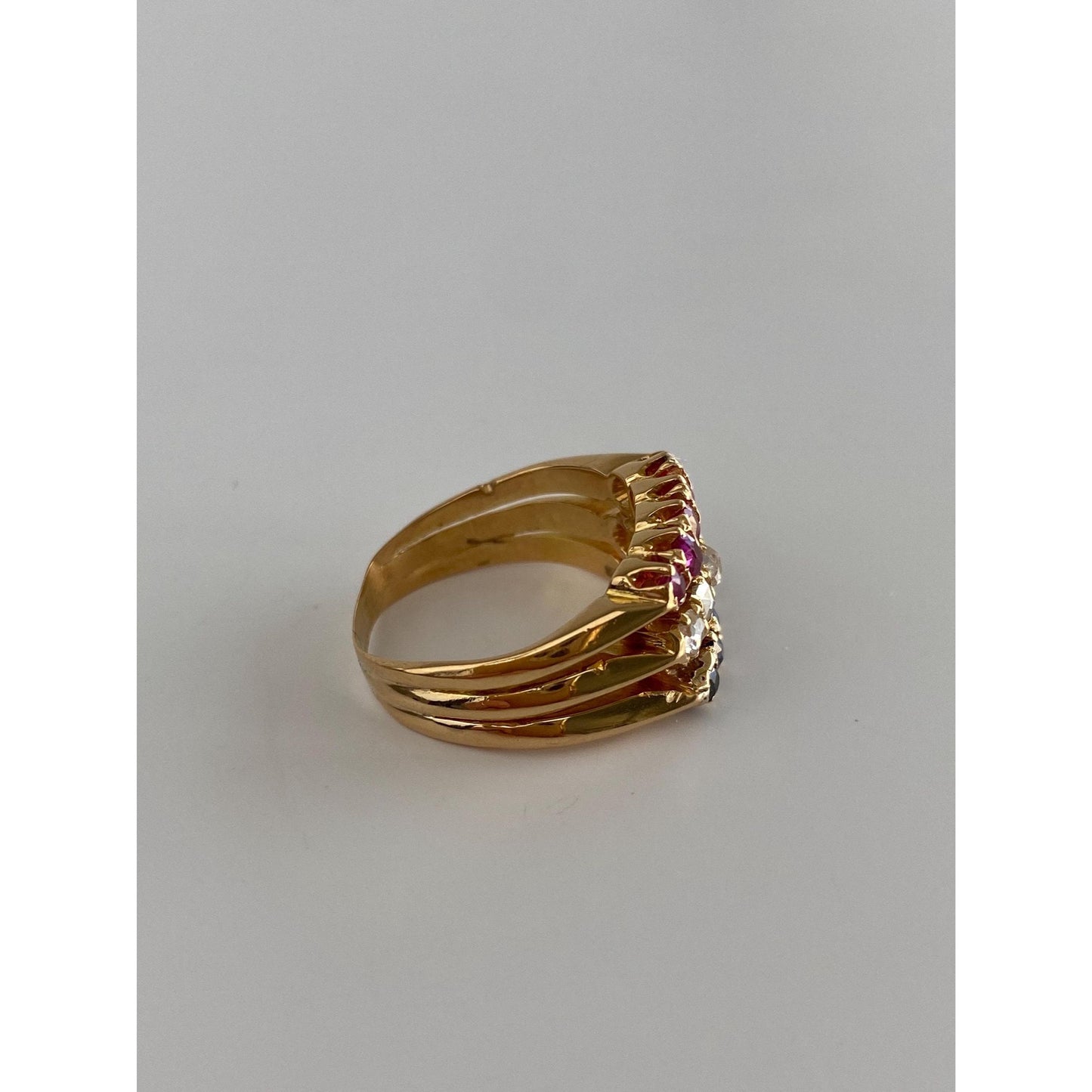 Vintage Solid 18k Yellow Gold Diamond Pink & Blue Spinel Row Ring - Size 5.5