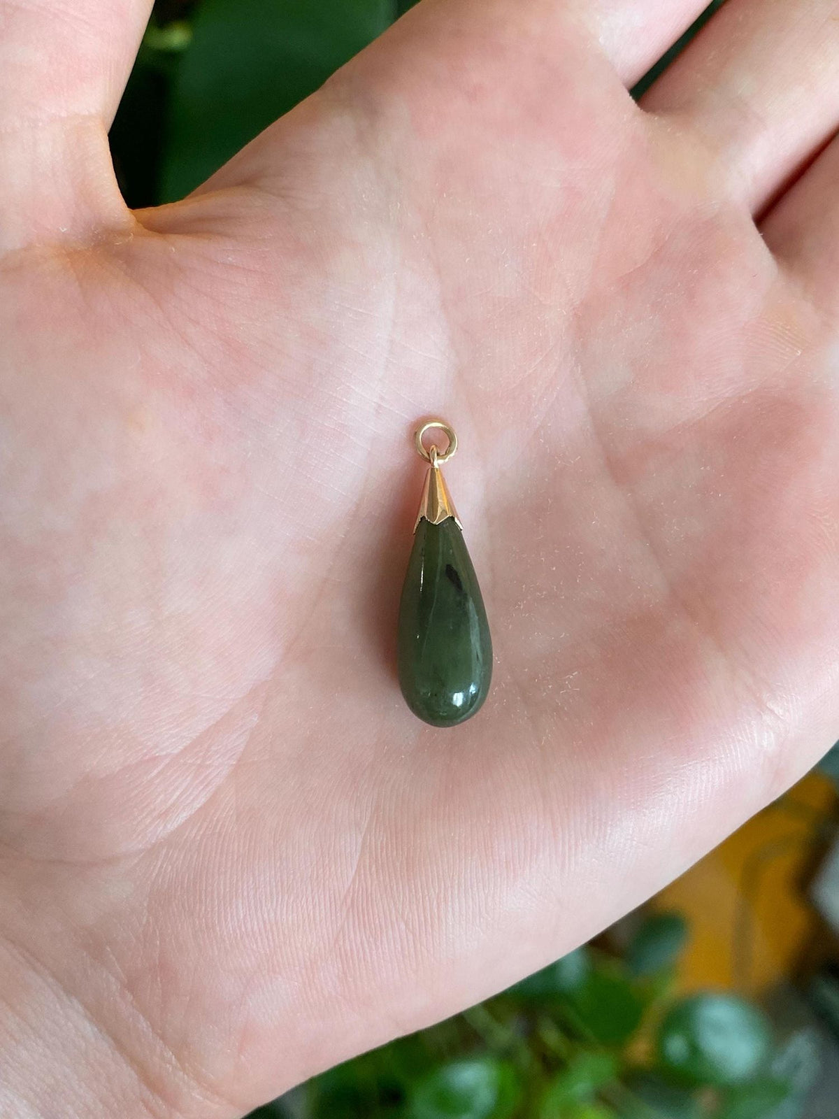 Vintage Solid 12k Yellow Gold Nephrite Teardrop Charm