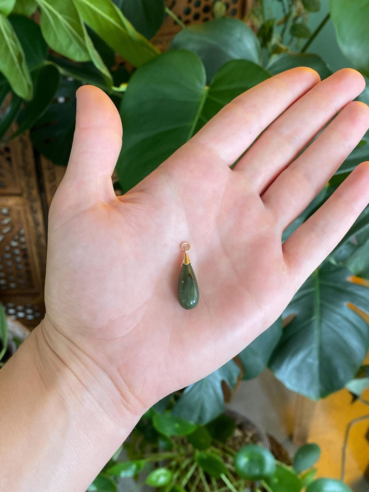 Vintage Solid 12k Yellow Gold Nephrite Teardrop Charm