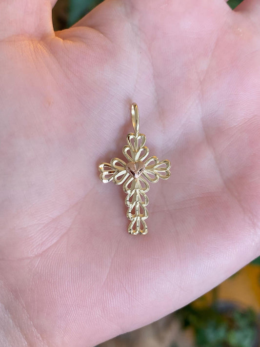Vintage Solid 14k Rose & Yellow Gold Open Work Heart Cross Charm