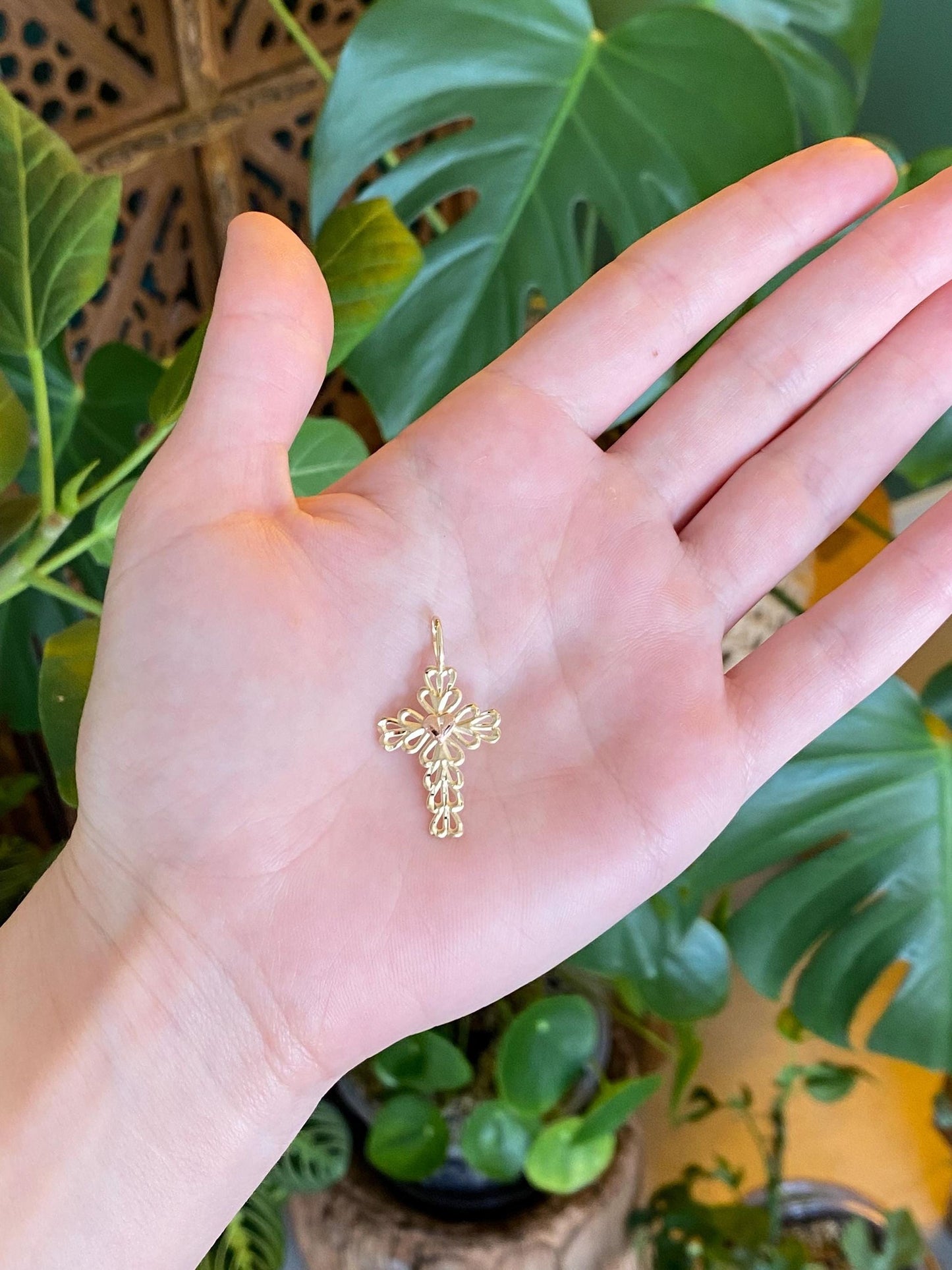 Vintage Solid 14k Rose & Yellow Gold Open Work Heart Cross Charm