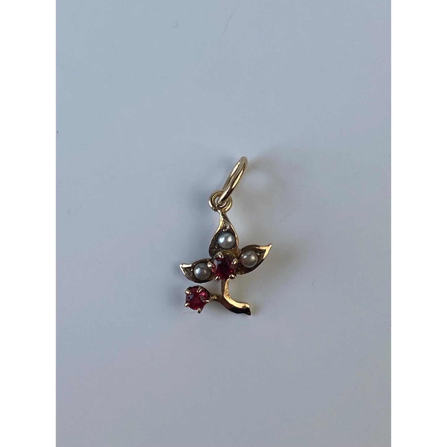 Vintage Solid 10k Yellow Gold Red Cubic Zirconia Seed Pearl Flower Charm
