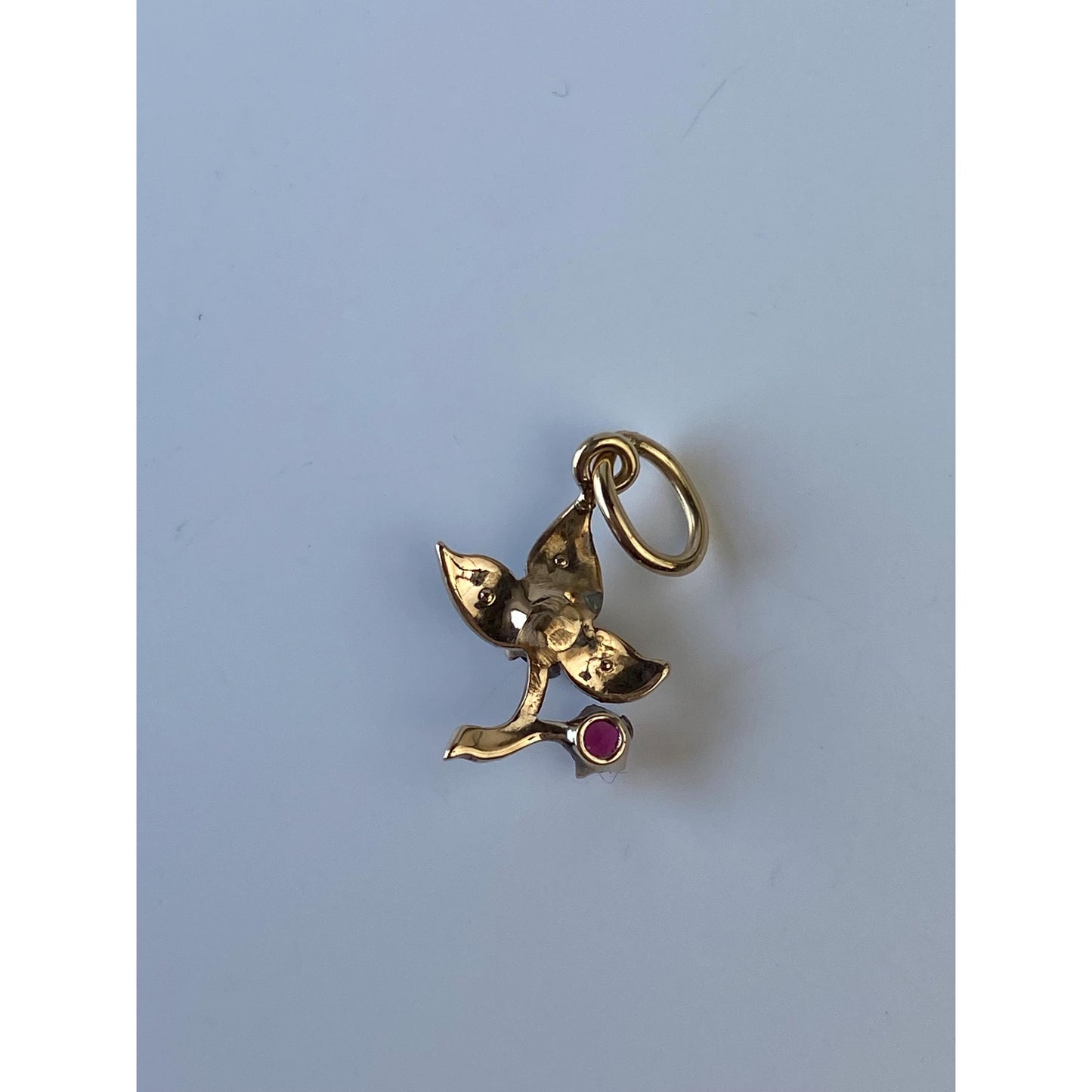 Vintage Solid 10k Yellow Gold Red Cubic Zirconia Seed Pearl Flower Charm