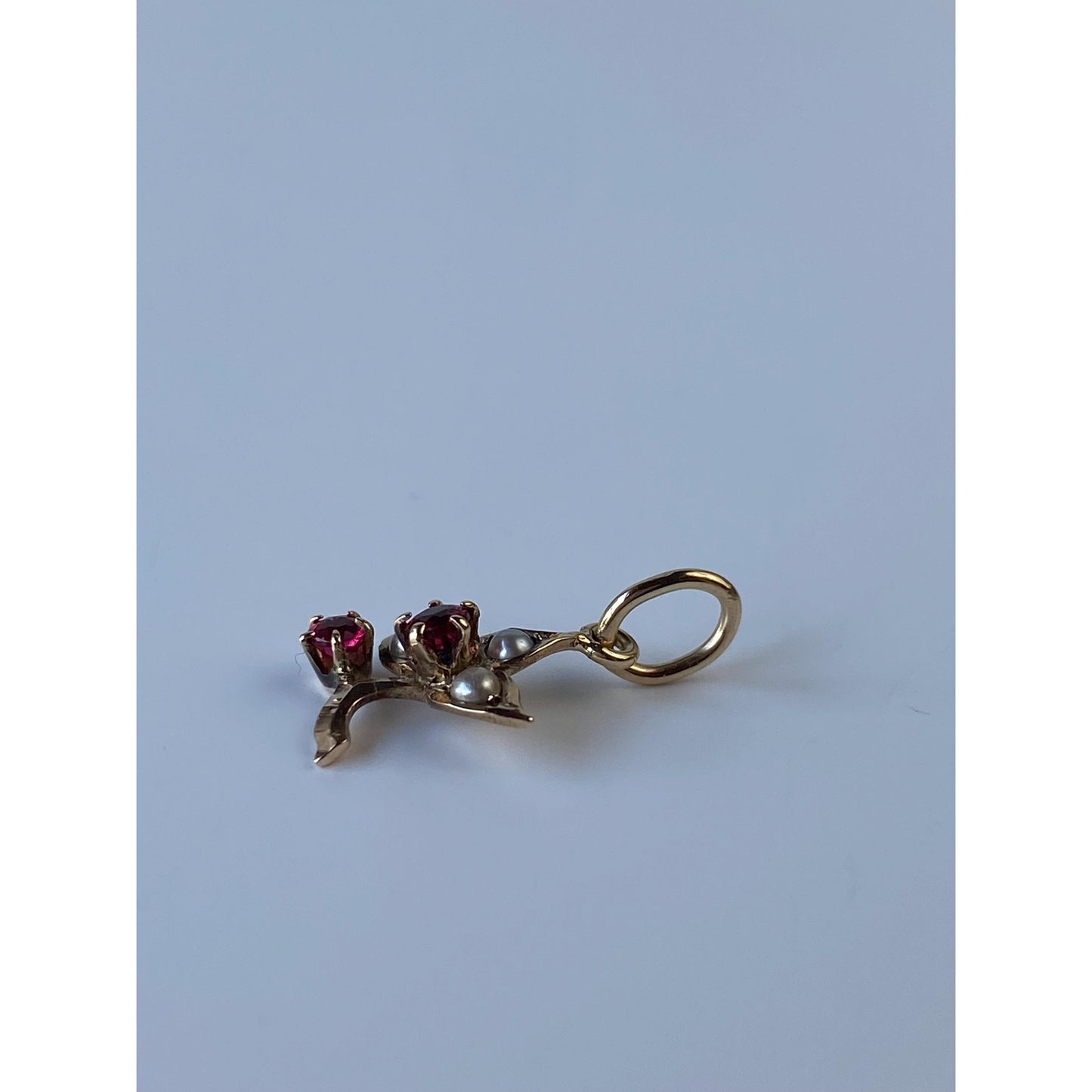 Vintage Solid 10k Yellow Gold Red Cubic Zirconia Seed Pearl Flower Charm