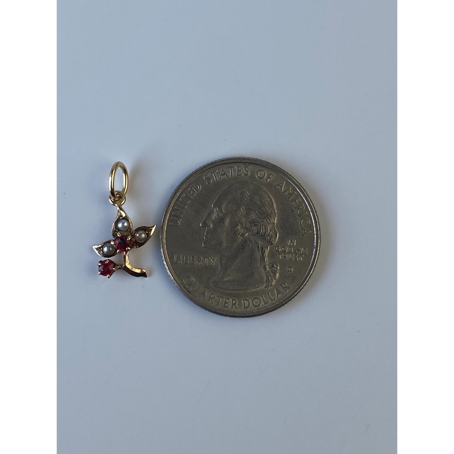 Vintage Solid 10k Yellow Gold Red Cubic Zirconia Seed Pearl Flower Charm