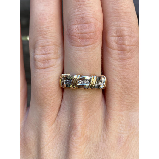 Vintage Solid 14k White & Yellow Gold Diamond Ring Band - Size 7.25