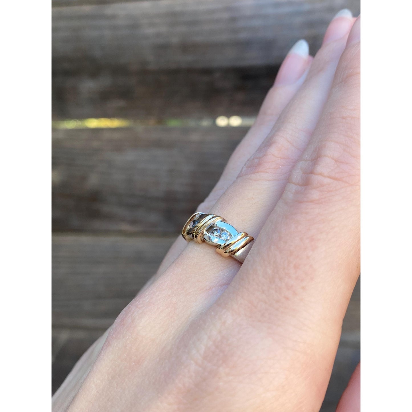 Vintage Solid 14k White & Yellow Gold Diamond Ring Band - Size 7.25