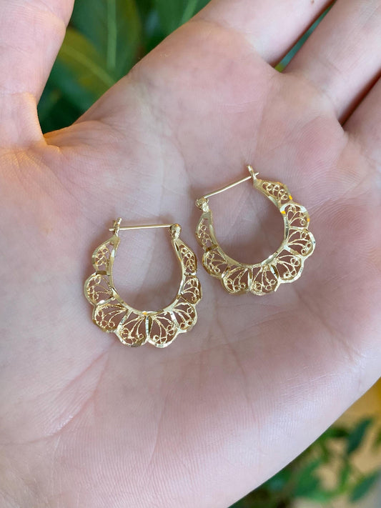 Vintage Solid 14k Yellow Gold Filigree Open Work Hoop Earrings