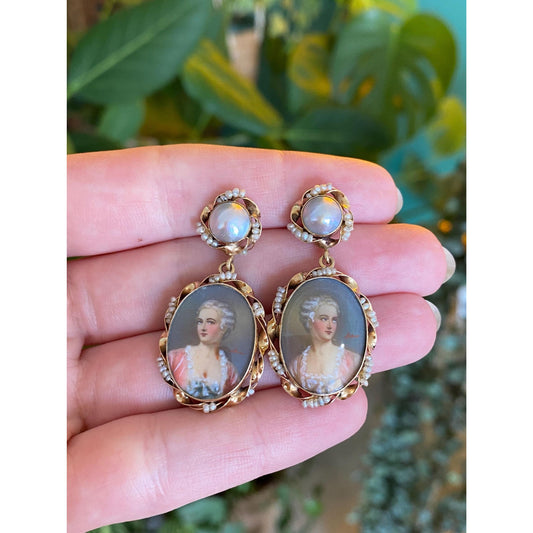 Vintage Solid 14k Yellow Gold Seed Pearl Cameo Dangle Stud Earrings