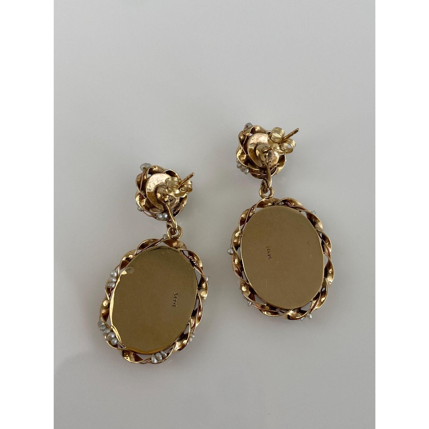 Vintage Solid 14k Yellow Gold Seed Pearl Cameo Dangle Stud Earrings