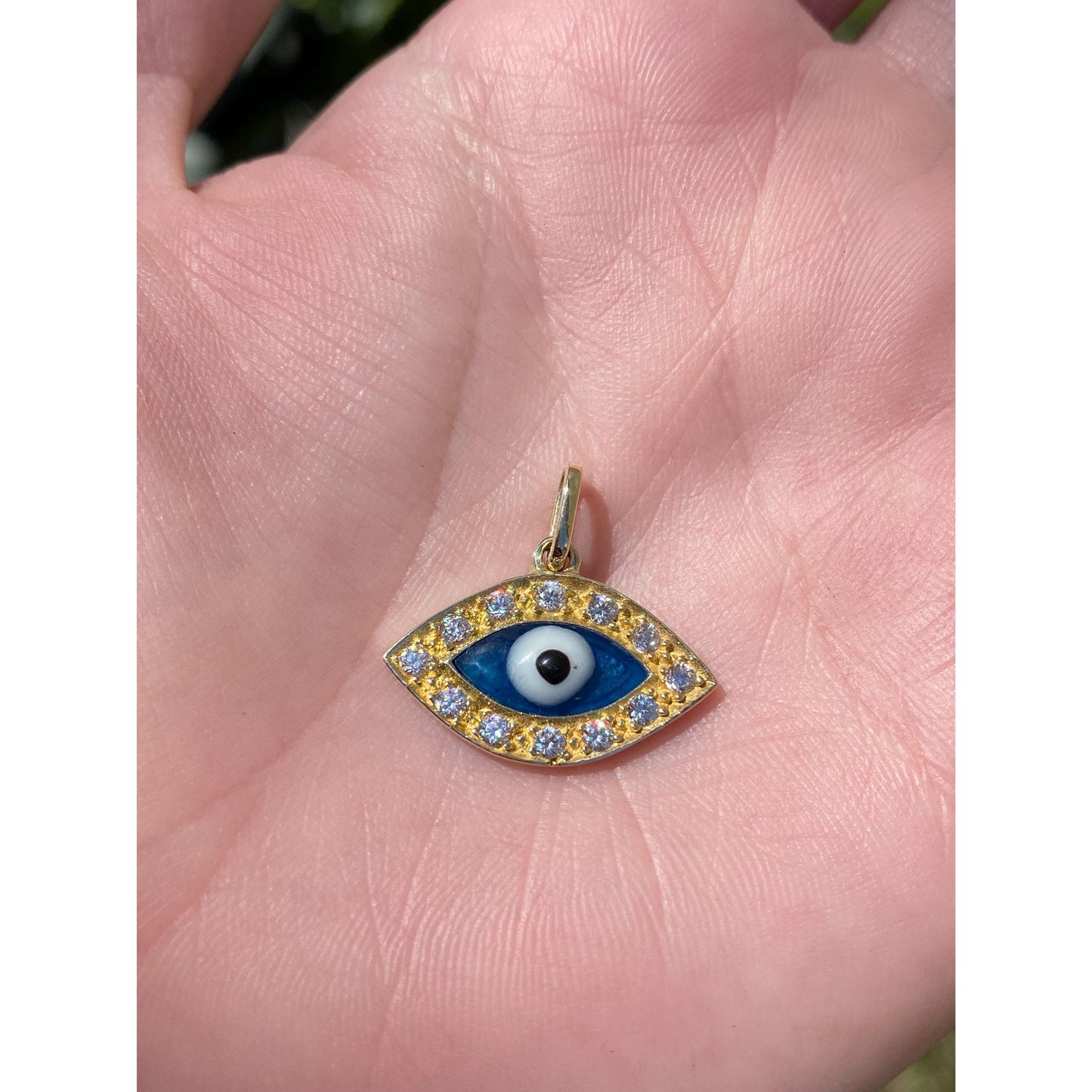 Vintage Solid 14k Yellow Gold Cubic Zirconia Engine Turned Evil Eye Charm