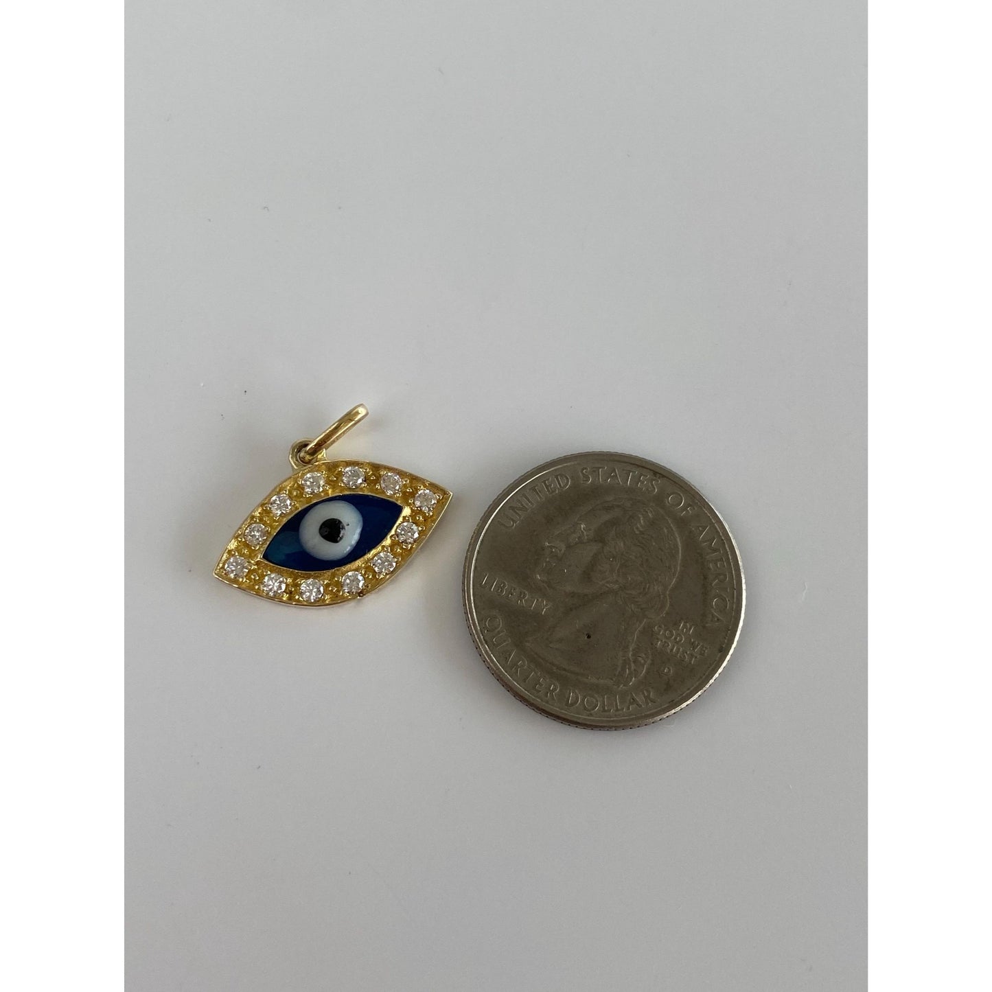 Vintage Solid 14k Yellow Gold Cubic Zirconia Engine Turned Evil Eye Charm