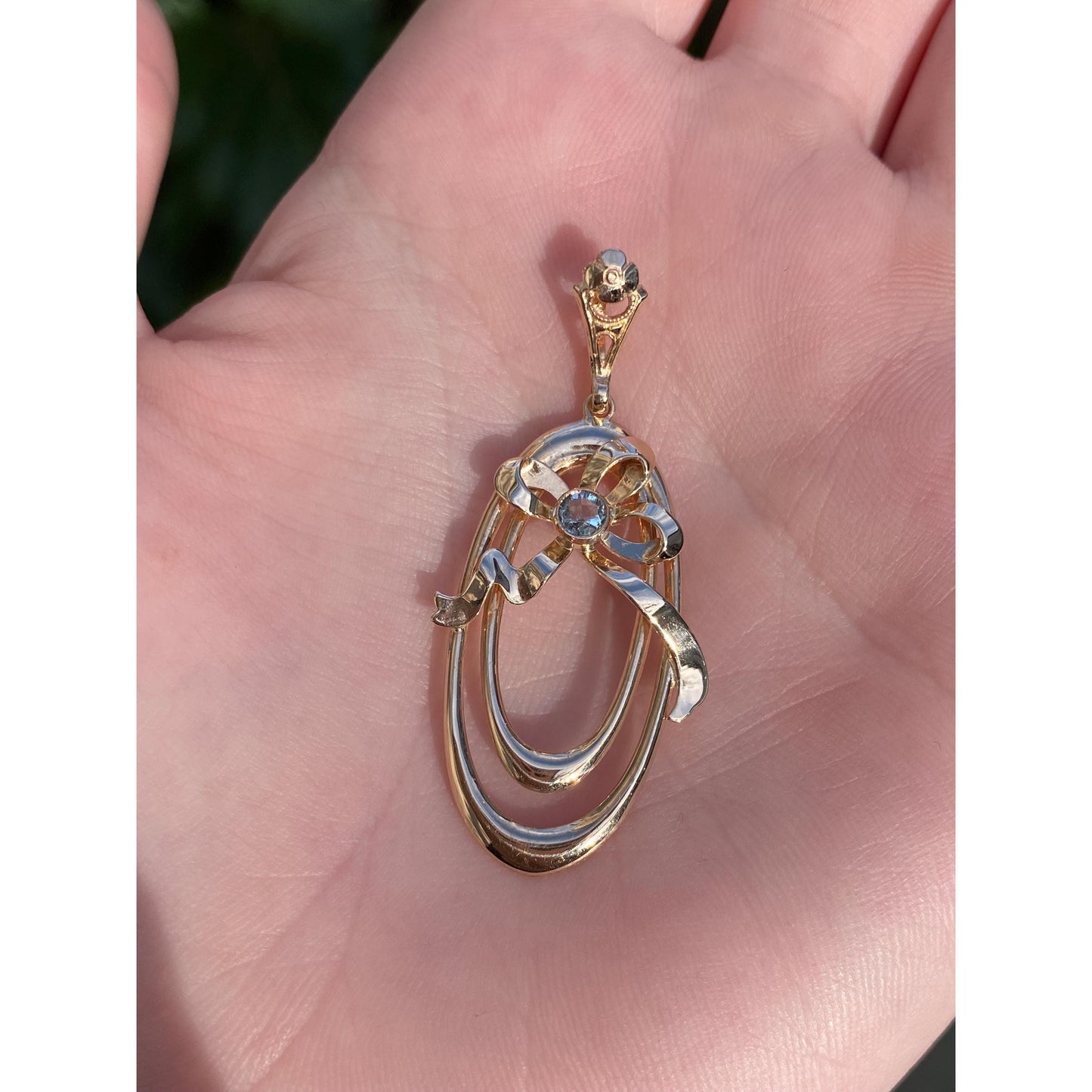 Vintage Solid 10k Yellow Gold Light Blue Cubic Zirconia Bow Charm