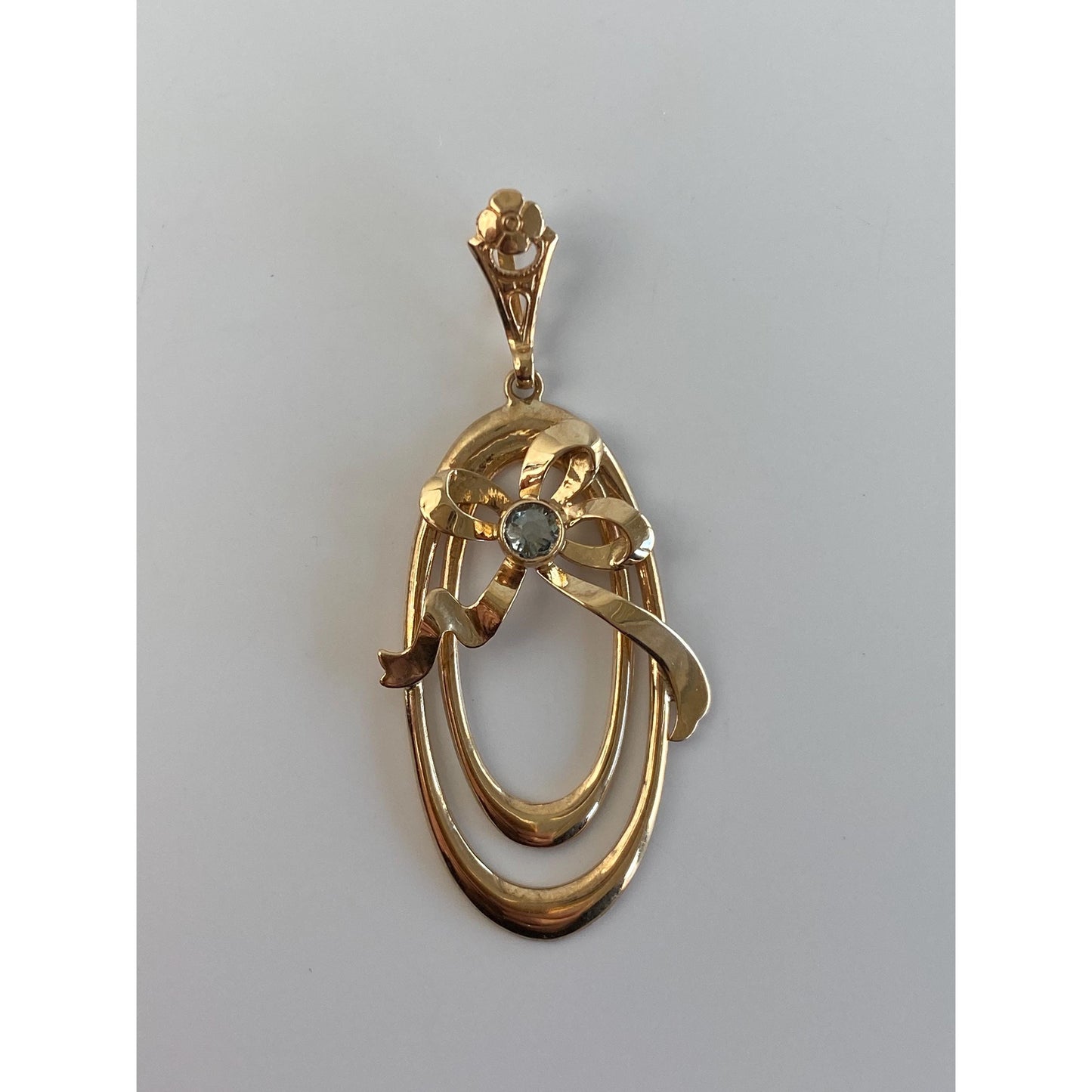 Vintage Solid 10k Yellow Gold Light Blue Cubic Zirconia Bow Charm