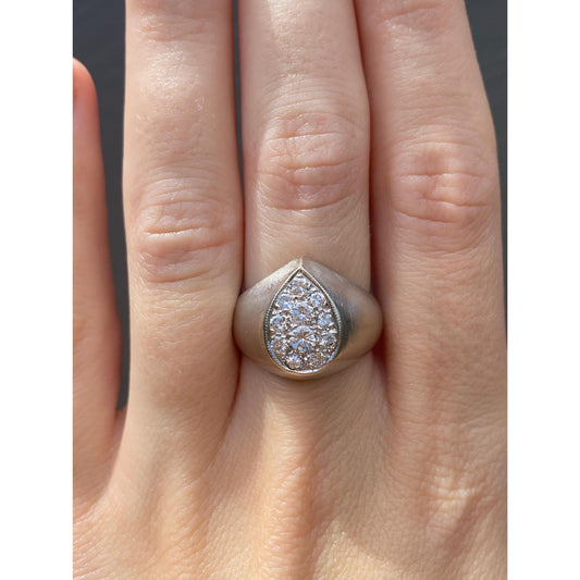 Vintage Solid 14k White Gold Diamond Teardrop Signet Ring - Size 7.25