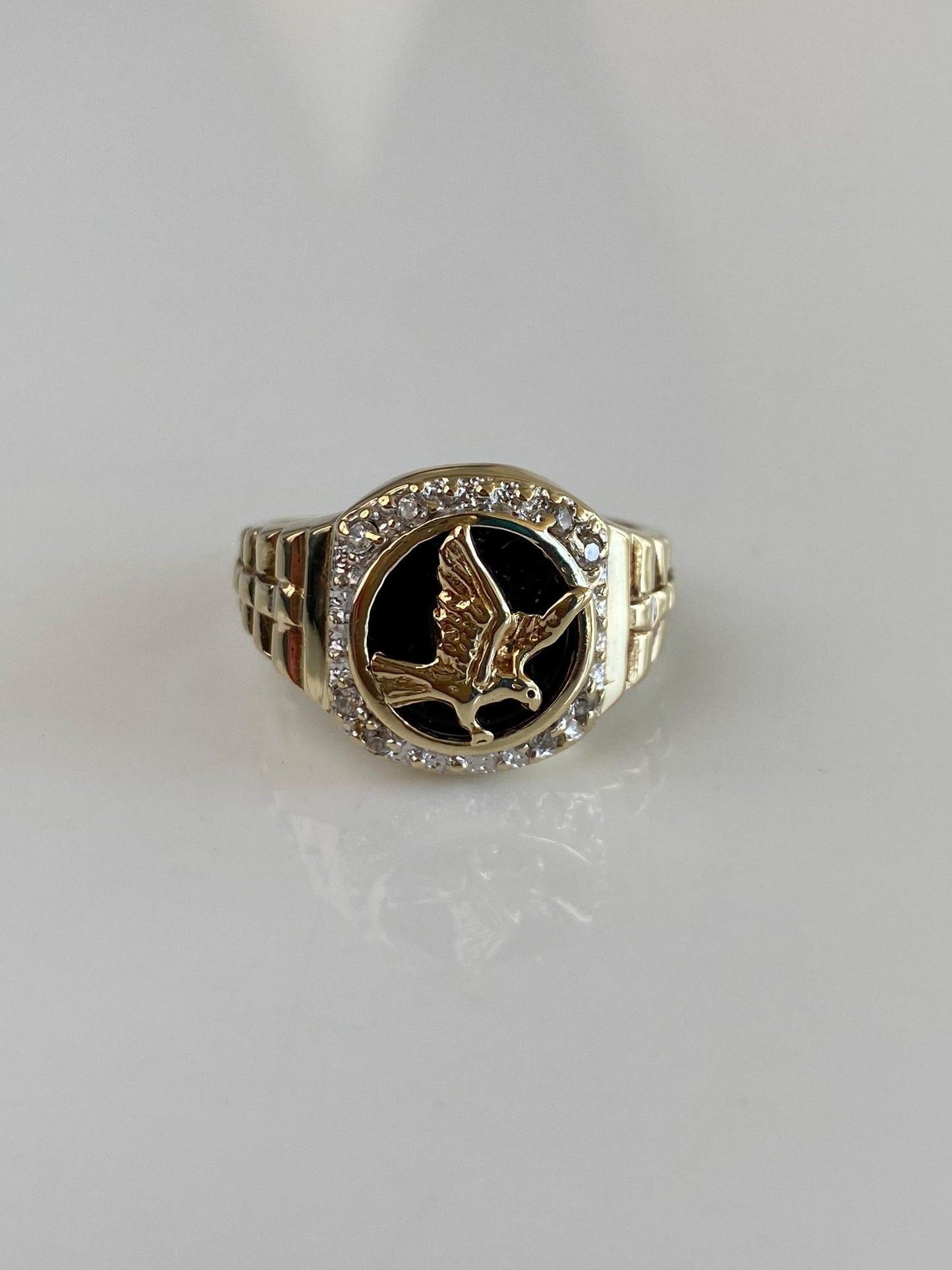 Vintage Solid 10k Yellow Gold Black Onyx Clear Cubic Zirconia Eagle Designed Ring - Size 8.5