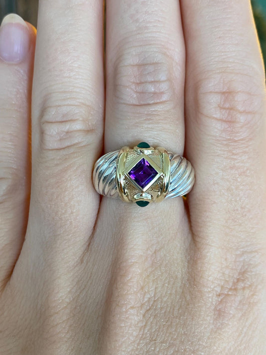 David Yurman Solid Sterling Silver & 14k Yellow Gold Amethyst Green Chalcedony Cabochon Ring Band - Size 6