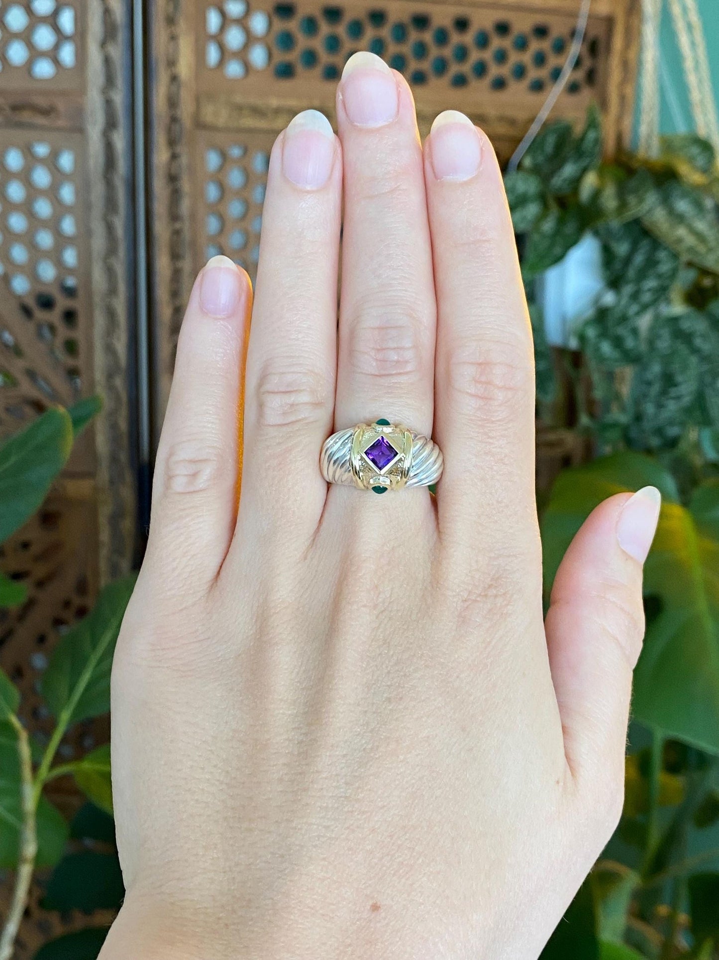 David Yurman Solid Sterling Silver & 14k Yellow Gold Amethyst Green Chalcedony Cabochon Ring Band - Size 6